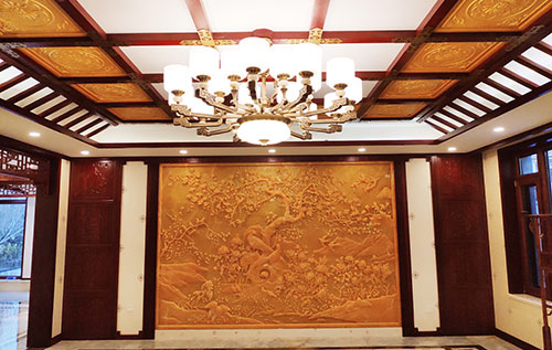 浙江中式别墅客厅中式木作横梁吊顶装饰展示