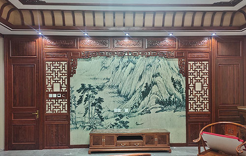 浙江中式仿古别墅客厅背景墙花格木作装饰